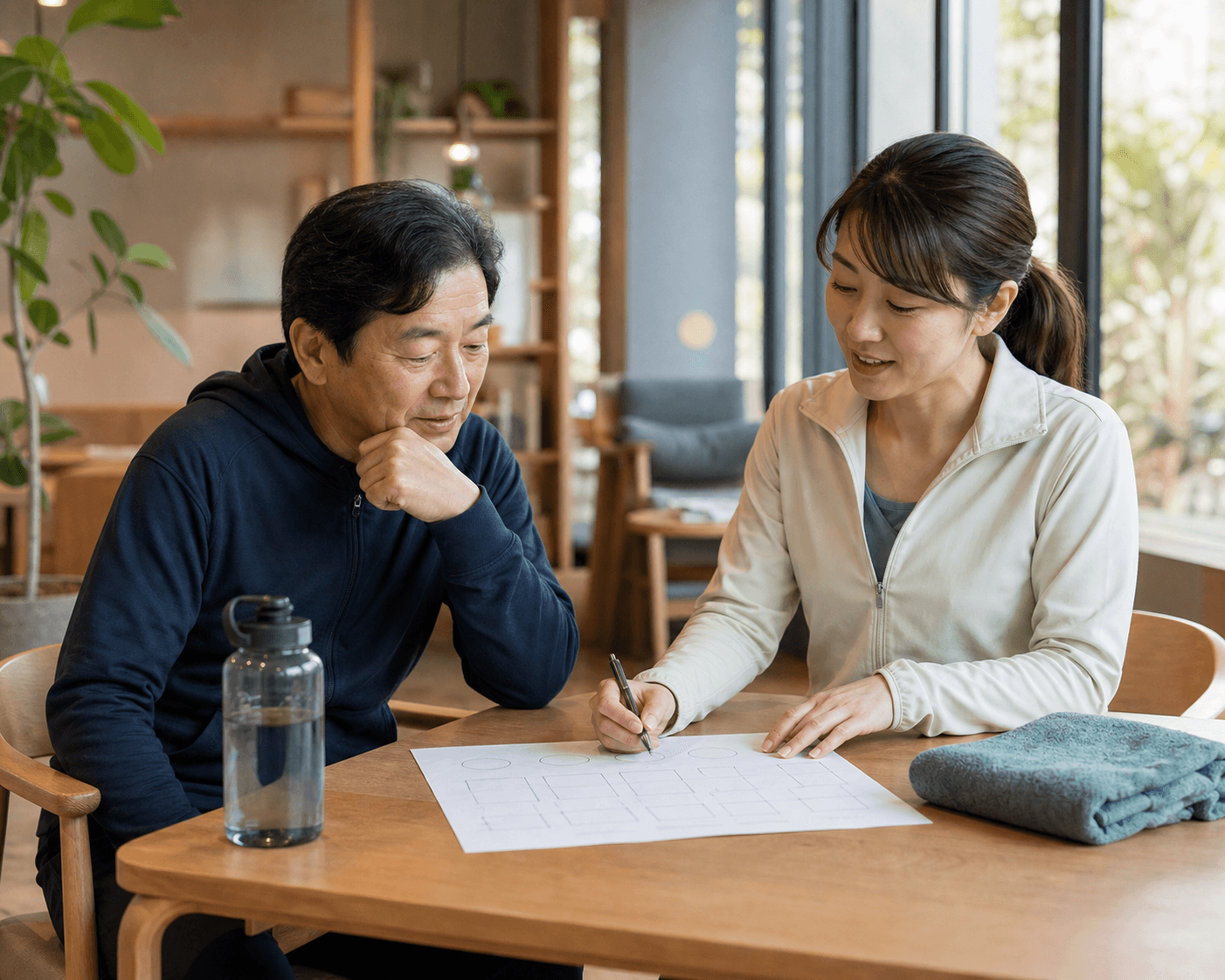 資格を持つ伴走者と、無理なく続けられる運動予定を相談する様子